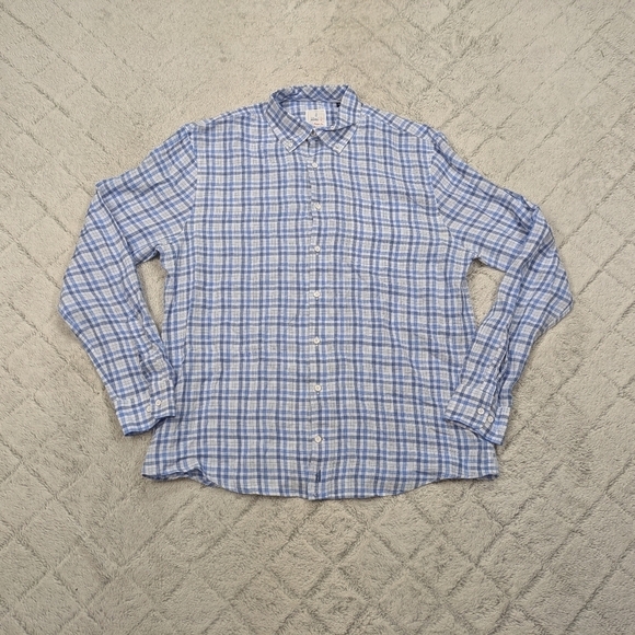 Johnnie-O Shirt Men's L Men Blue Laguna Plaid Bronx Linen Button Down Casual  - Picture 1 of 9